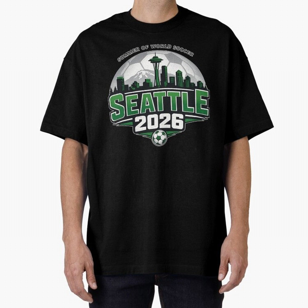 World Soccer Tournament Cup 2026 Seattle Oversized T-Shirt Support the FIFA World Cup 2026 Journey through Messi and Cristiano Ronaldo Highlights, Argentina, France and Brazil Pride, Vintage Soccer Flavor, Modern Football Stars, National Flags and