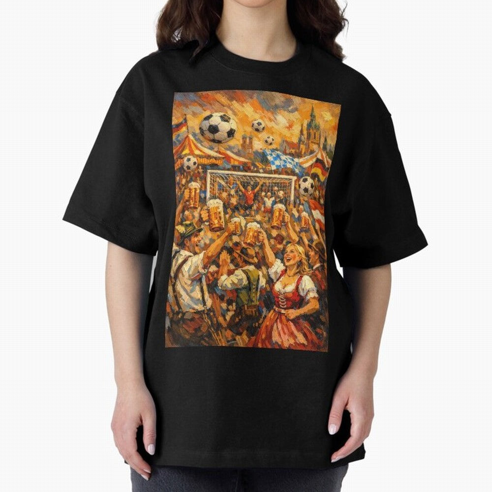 Festival Celebration with Soccer and Beer Oversized T-Shirt Feel International Energy from Global Football Passion for FIFA World Cup 2026, Filled with CR7, France, Football Passion, Legendary Performances, Festival Vibes and Supporter Community;