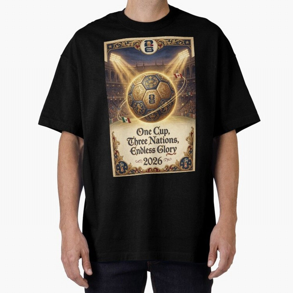 FIFA World Cup 2026 Poster Oversized T-Shirt Share the Excitement of Global Football Passion for FIFA World Cup 2026, Celebrating Neymar, Spain, Vintage Soccer Flavor, Modern Football Stars, National Flags and Final Night Emotion; Ideal for