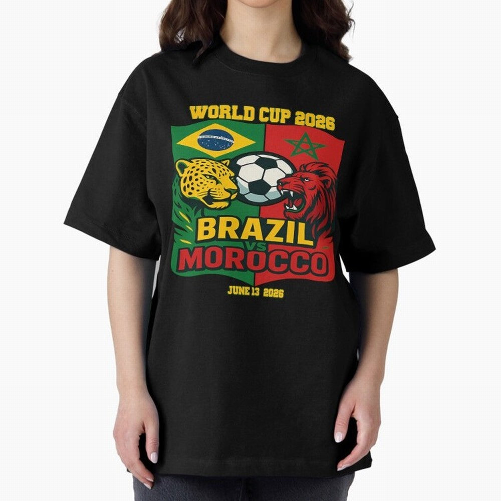 Brazil Vs Morocco June 13 2026 World Cup Soccer We Are Morocco Oversized T-Shirt Join FIFA World Cup 2026 USA Canada Mexico Spirit, with Portugal, Spain and Germany, Neymar, Vintage Soccer Flavor, Modern Football Stars, National Flags and Final