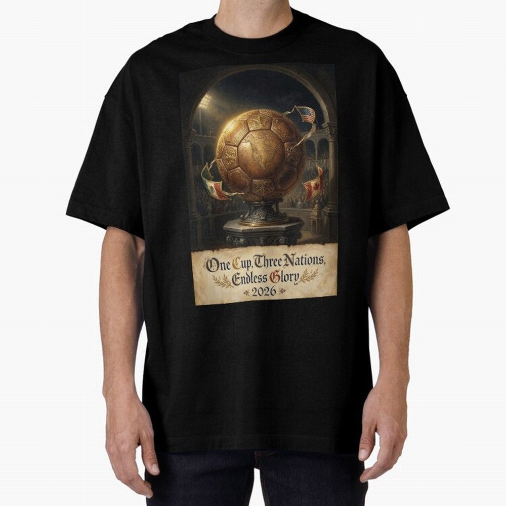 World Cup 2026 Emblem USA Canada Mexico Oversized T-Shirt Relive FIFA World Cup 2026 Group Stage Featuring Neymar, Haaland and Cristiano Ronaldo, France Energy, Championship Spirit, Famous Goals, Roaring Crowds and International Football Unity;