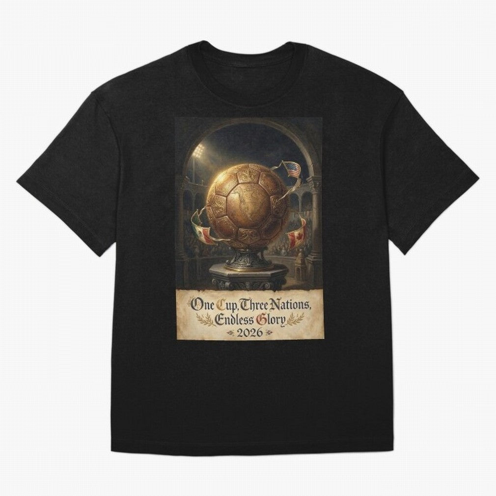 World Cup 2026 Emblem USA Canada Mexico Oversized T-Shirt Relive FIFA World Cup 2026 Group Stage Featuring Neymar, Haaland and Cristiano Ronaldo, France Energy, Championship Spirit, Famous Goals, Roaring Crowds and International Football Unity;