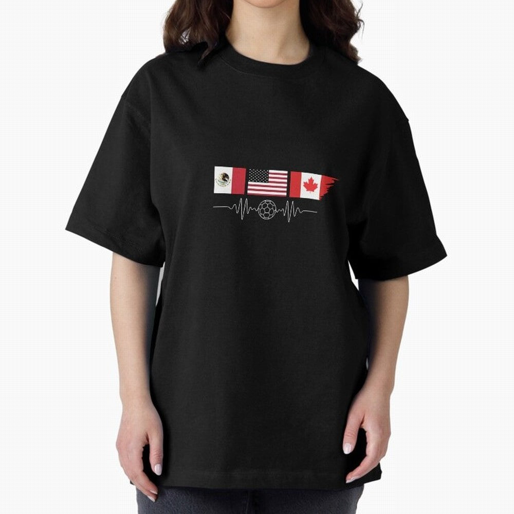 North America Soccer Heartbeat Flags 2026 Cup T-Shirt_82794888 Oversized T-Shirt Capture FIFA World Cup 2026 USA Canada Mexico Connected to CR7 and Messi, Brazil, Portugal and Argentina Energy, Champion Mindset, Group Stage Buzz, Knockout Tension