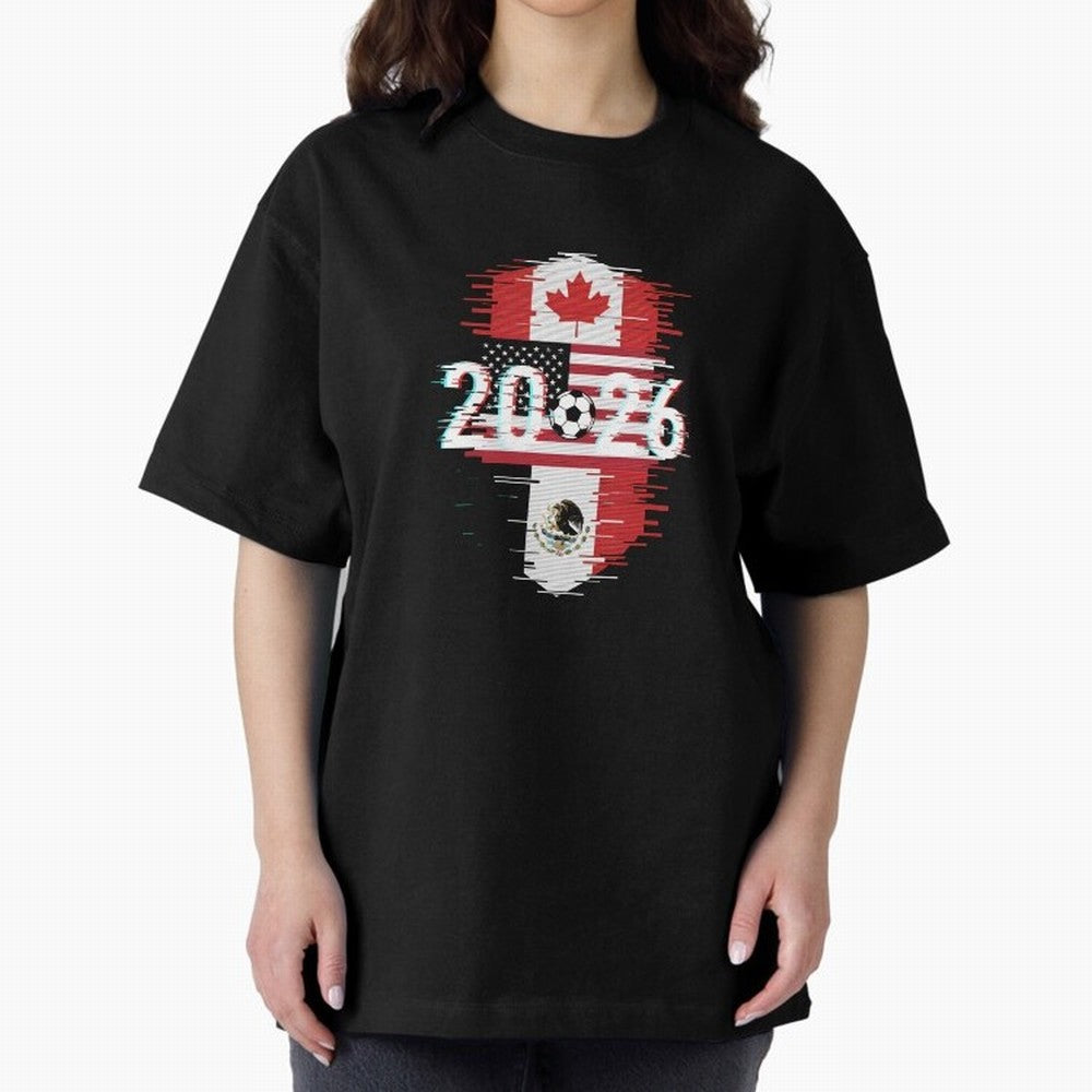Glitched United 2026 - North America Emblem Cup T-Shirt_82794505 Oversized T-Shirt Make Game Day About FIFA World Cup 2026 USA Canada Mexico Spirit, Made for France and Portugal, Messi, Neymar and Mbappe, Match Day Excitement, Supporter Culture,