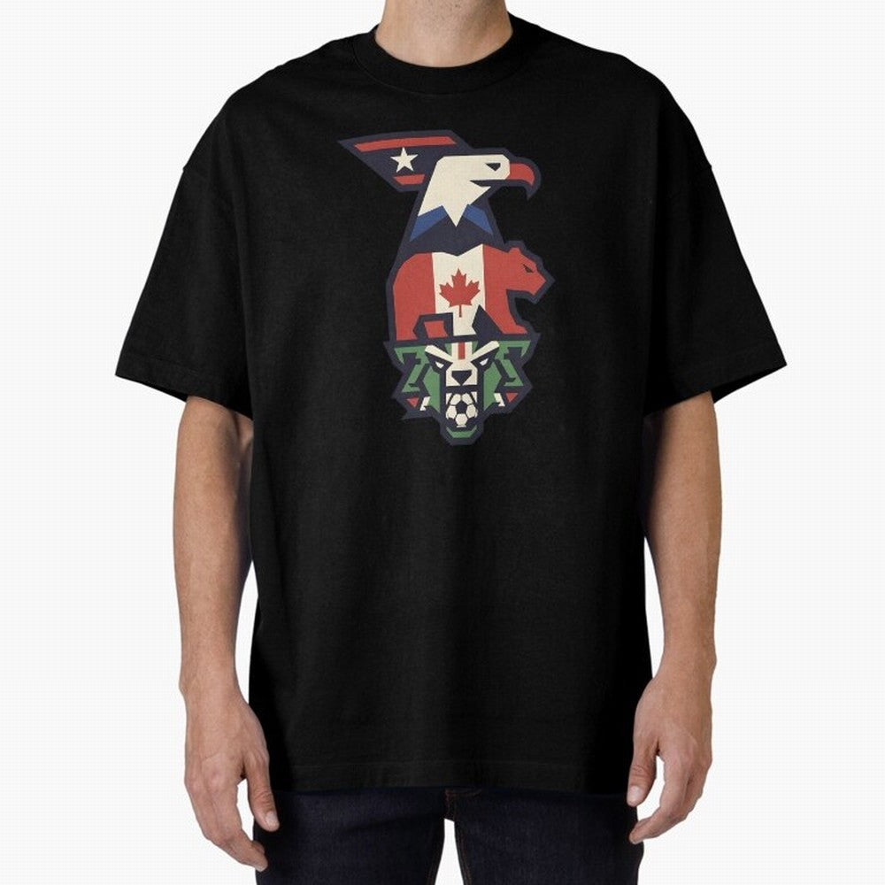 USA Canada Mexico World Cup 2026 Host Nations Oversized T-Shirt Represent Football Lovers during Global Football Passion for FIFA World Cup 2026 Group Stage, Centered on Haaland and Mbappe, Argentina and Brazil, Classic Soccer Heritage,