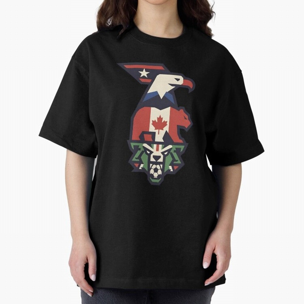 USA Canada Mexico World Cup 2026 Host Nations Oversized T-Shirt Represent Football Lovers during Global Football Passion for FIFA World Cup 2026 Group Stage, Centered on Haaland and Mbappe, Argentina and Brazil, Classic Soccer Heritage,