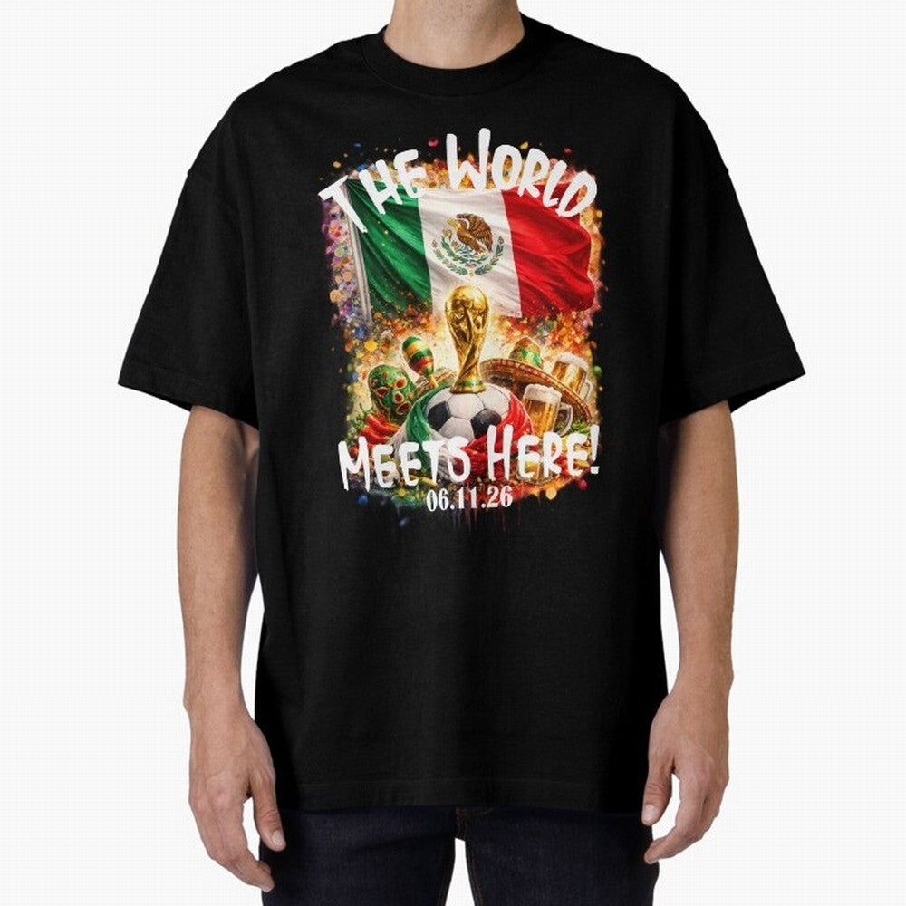 2026 World Cup Oversized T-Shirt Showcase Global Football Passion for FIFA World Cup 2026 USA Canada Mexico, with Messi, CR7 and Mbappe, Spain and Netherlands, Vintage Soccer Flavor, Modern Football Stars, National Flags and Final Night Emotion;