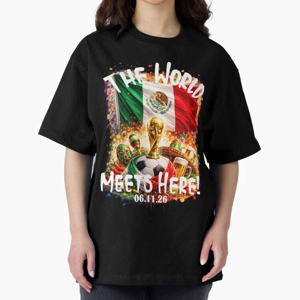 2026 World Cup Oversized T-Shirt Showcase Global Football Passion for FIFA World Cup 2026 USA Canada Mexico, with Messi, CR7 and Mbappe, Spain and Netherlands, Vintage Soccer Flavor, Modern Football Stars, National Flags and Final Night Emotion;