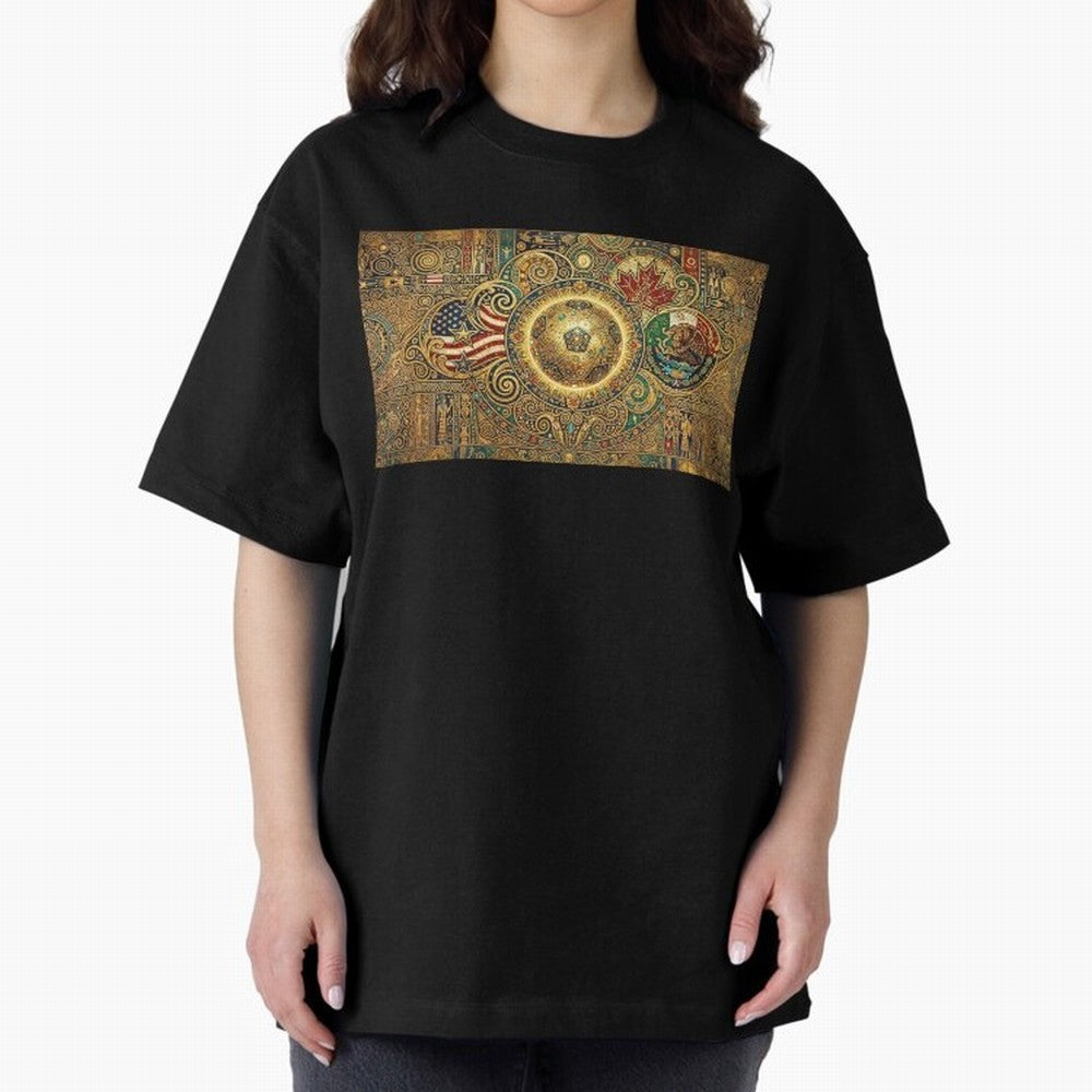 Ornate Soccer Emblem with Flags Oversized T-Shirt Show Love for Legendary Goals in FIFA World Cup 2026 Highlighting Neymar, England Energy, Football Festival Excitement, Trophy Ambitions, Country Rivalries and Star Player Buzz; Made for Collectors