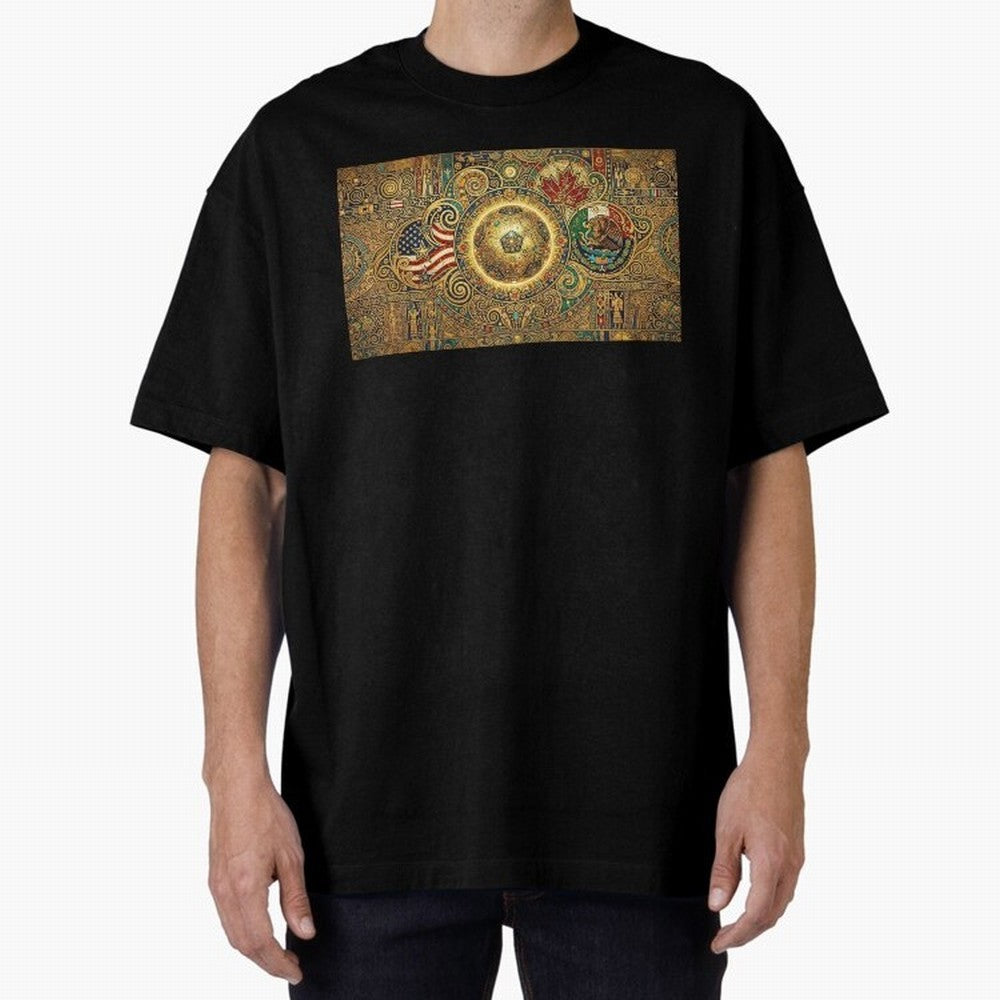 Ornate Soccer Emblem with Flags Oversized T-Shirt Show Love for Legendary Goals in FIFA World Cup 2026 Highlighting Neymar, England Energy, Football Festival Excitement, Trophy Ambitions, Country Rivalries and Star Player Buzz; Made for Collectors