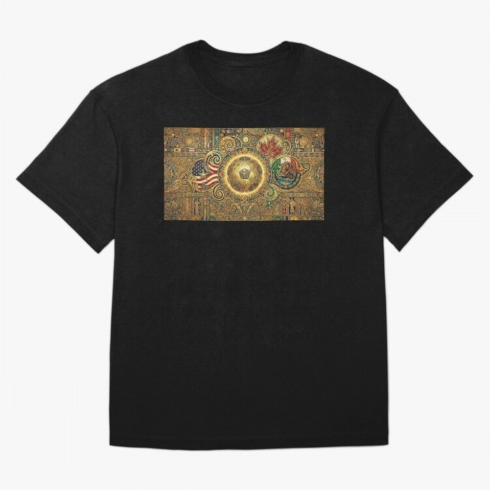 Ornate Soccer Emblem with Flags Oversized T-Shirt Show Love for Legendary Goals in FIFA World Cup 2026 Highlighting Neymar, England Energy, Football Festival Excitement, Trophy Ambitions, Country Rivalries and Star Player Buzz; Made for Collectors