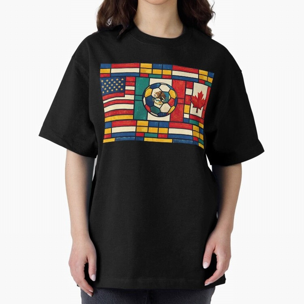 Elegant World Cup Stadiums Geometrical | Soccer Flags Mexico Canada USA Oversized T-Shirt Support the FIFA World Cup 2026 Group Stage Journey through CR7 and Messi Highlights, Spain Pride, Championship Spirit, Famous Goals, Roaring Crowds and