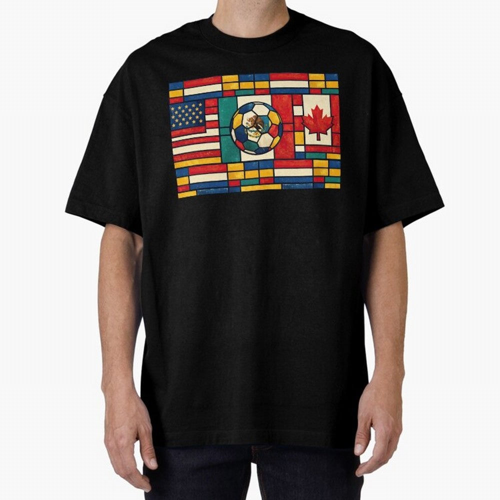 Elegant World Cup Stadiums Geometrical | Soccer Flags Mexico Canada USA Oversized T-Shirt Support the FIFA World Cup 2026 Group Stage Journey through CR7 and Messi Highlights, Spain Pride, Championship Spirit, Famous Goals, Roaring Crowds and