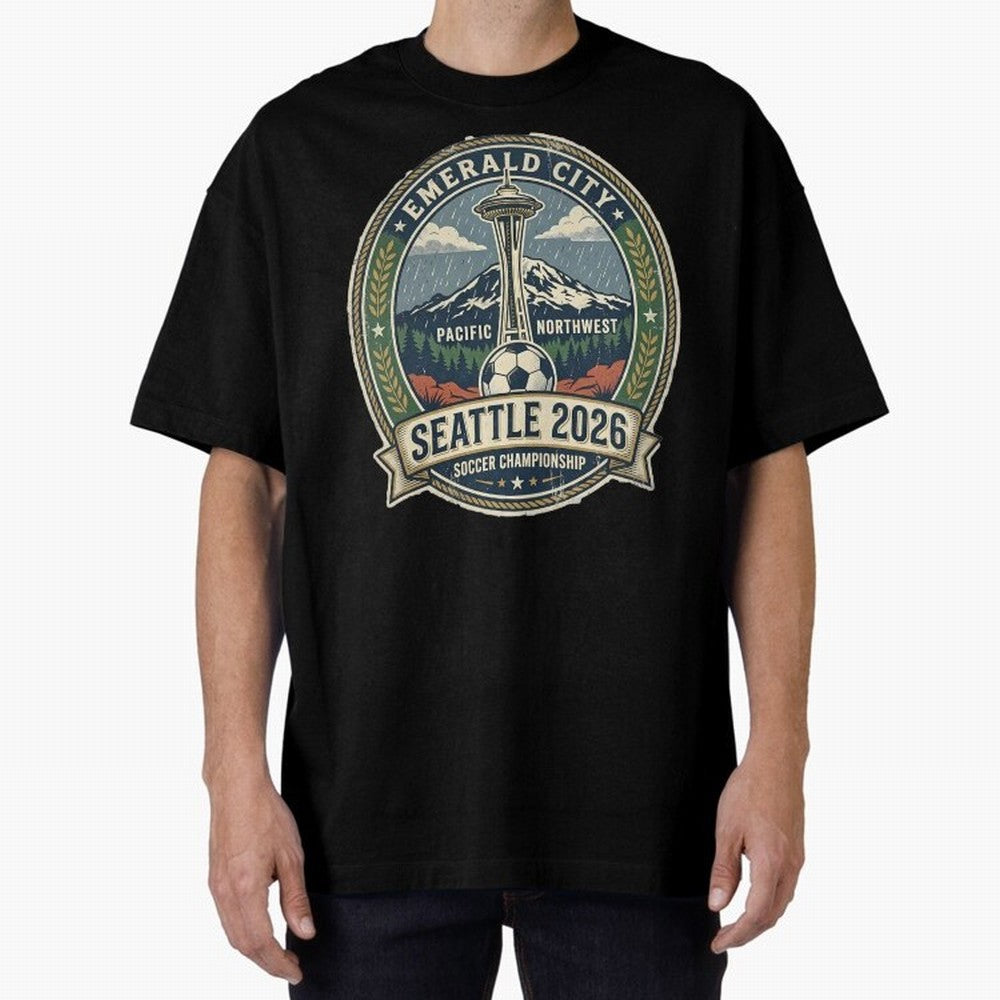 Seattle 2026 World Cup Host City Vintage Football Badge ¡ª Emerald City Space Needle Soccer Oversized T-Shirt Feel International Energy from FIFA World Cup 2026 Spirit, Connected to France and Portugal, Messi, Neymar and Mbappe, Soccer Culture,
