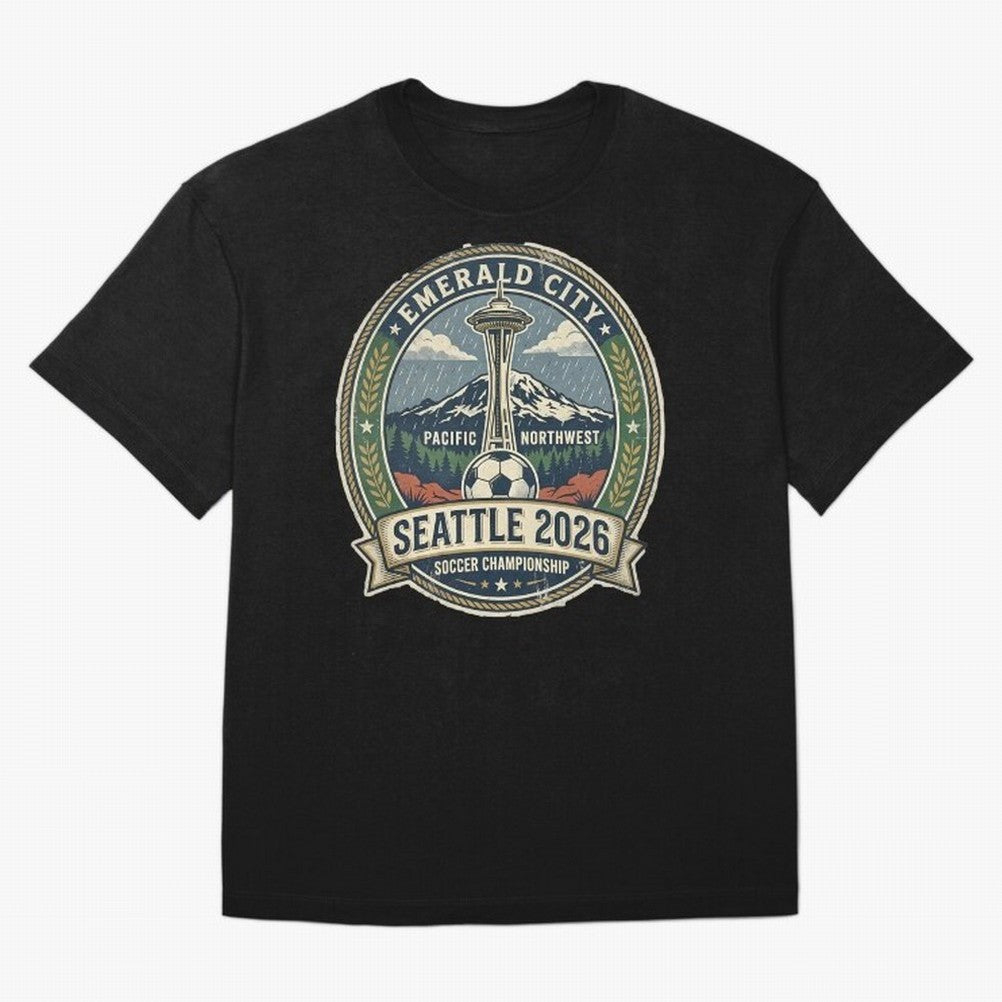 Seattle 2026 World Cup Host City Vintage Football Badge ¡ª Emerald City Space Needle Soccer Oversized T-Shirt Feel International Energy from FIFA World Cup 2026 Spirit, Connected to France and Portugal, Messi, Neymar and Mbappe, Soccer Culture,