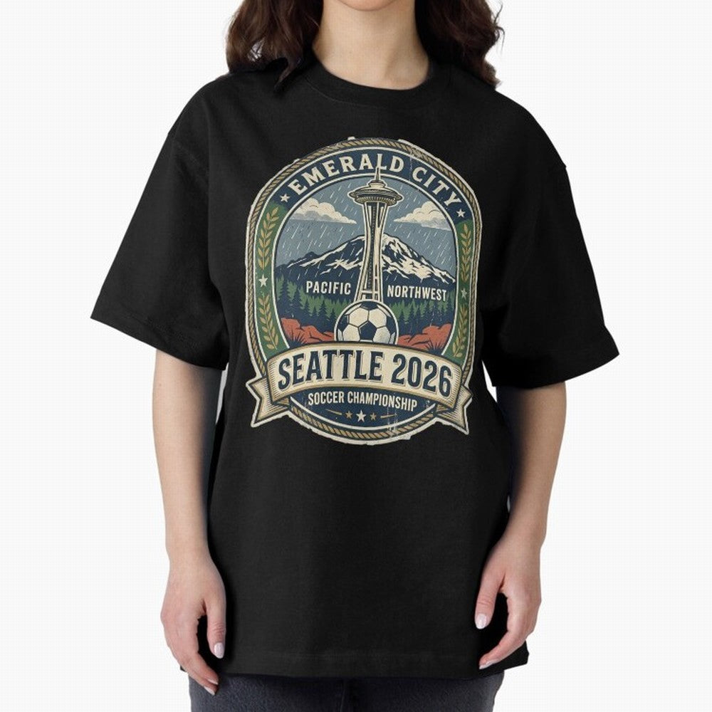 Seattle 2026 World Cup Host City Vintage Football Badge ¡ª Emerald City Space Needle Soccer Oversized T-Shirt Feel International Energy from FIFA World Cup 2026 Spirit, Connected to France and Portugal, Messi, Neymar and Mbappe, Soccer Culture,