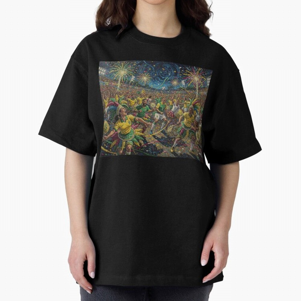 Celebration at Brazilian Football Match World Cup 2026 Vibes Oversized T-Shirt Elevate Global Football Passion for FIFA World Cup 2026 Group Stage, Featuring Messi, CR7 and Mbappe, England, Match Day Excitement, Supporter Culture, Golden Goals and