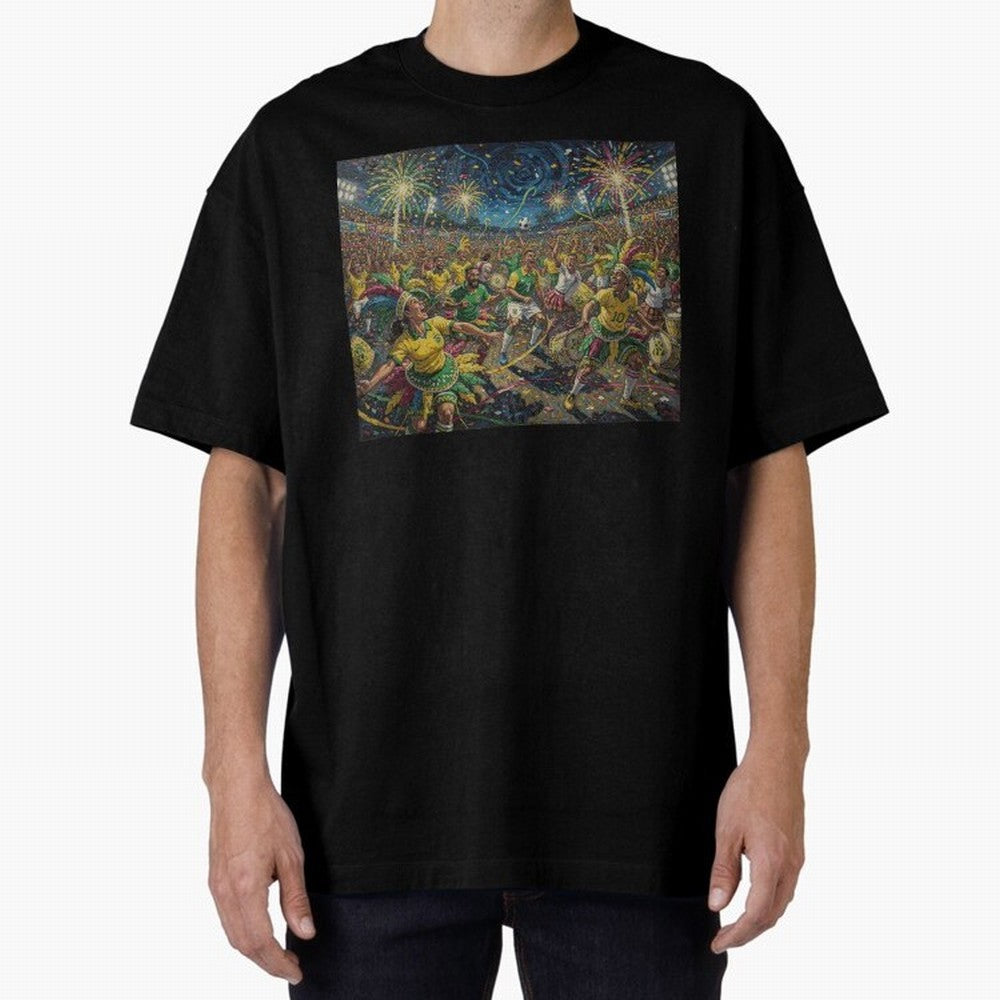 Celebration at Brazilian Football Match World Cup 2026 Vibes Oversized T-Shirt Elevate Global Football Passion for FIFA World Cup 2026 Group Stage, Featuring Messi, CR7 and Mbappe, England, Match Day Excitement, Supporter Culture, Golden Goals and