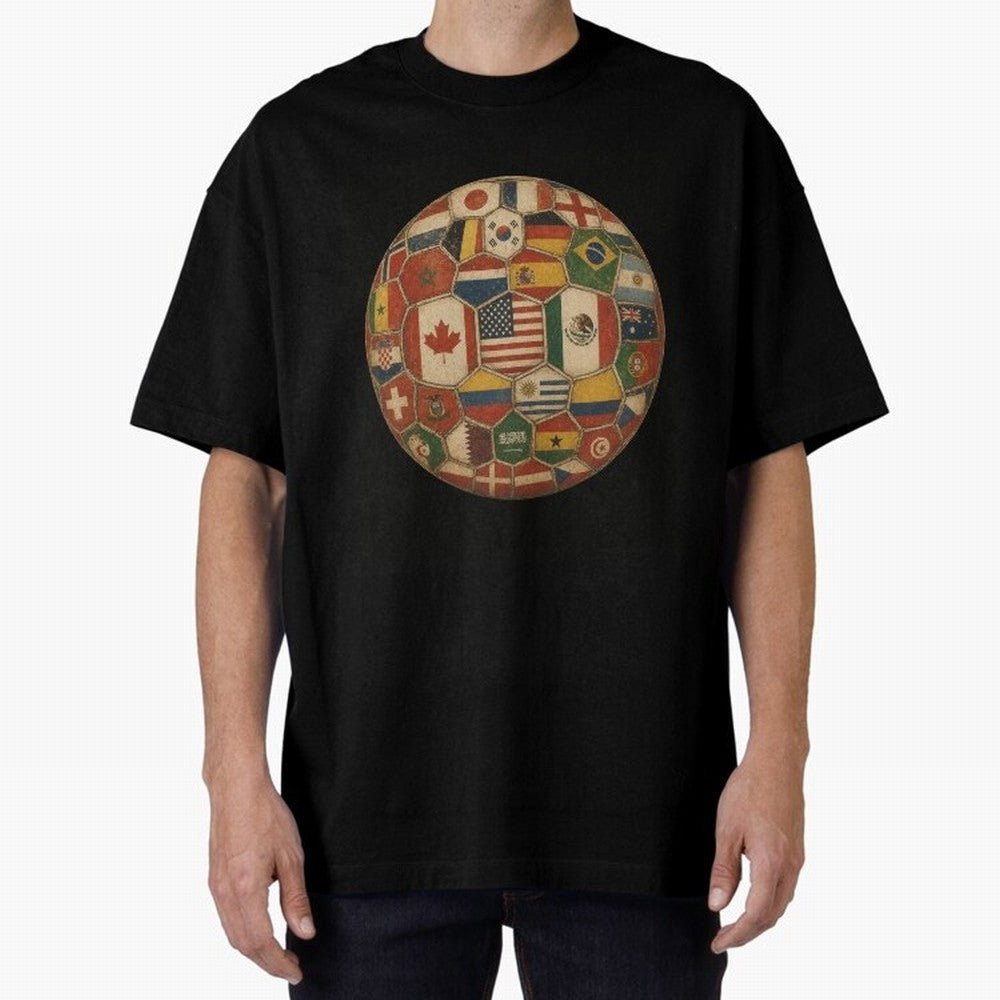 Vintage World Flags Soccer Ball,2026 International Football Graphic Gifts Tee Oversized T-Shirt Bring Global Football Passion for FIFA World Cup 2026 USA Canada Mexico, Connected to CR7, Argentina and Brazil, Stadium Memories, Football Loyalty,