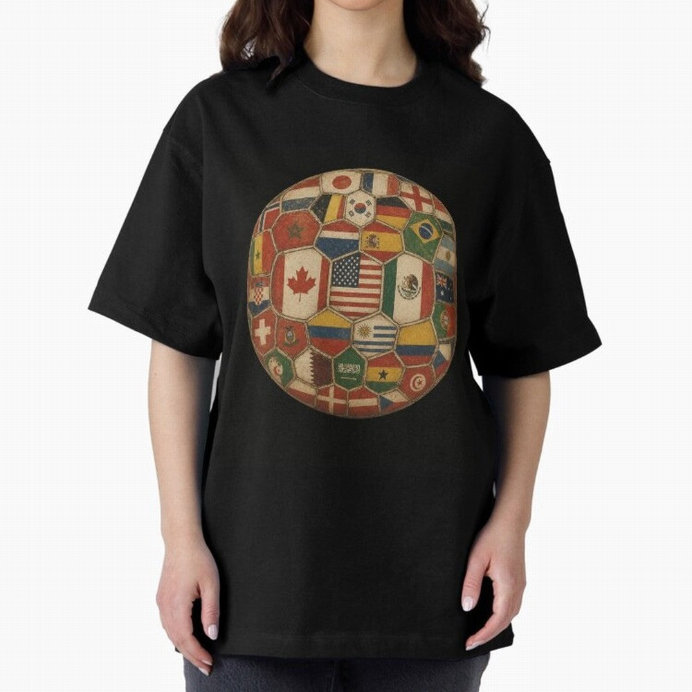 Vintage World Flags Soccer Ball,2026 International Football Graphic Gifts Tee Oversized T-Shirt Bring Global Football Passion for FIFA World Cup 2026 USA Canada Mexico, Connected to CR7, Argentina and Brazil, Stadium Memories, Football Loyalty,