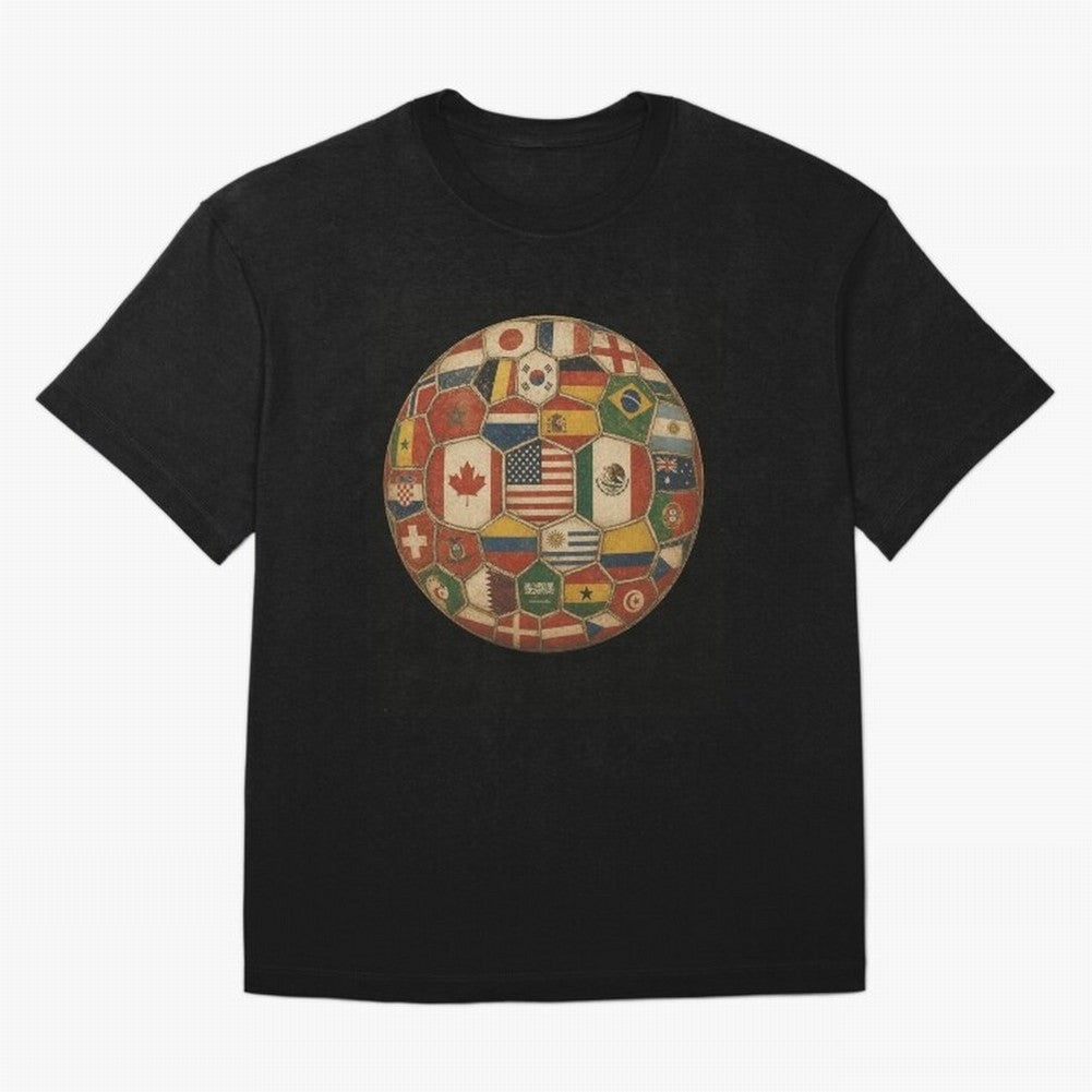 Vintage World Flags Soccer Ball,2026 International Football Graphic Gifts Tee Oversized T-Shirt Bring Global Football Passion for FIFA World Cup 2026 USA Canada Mexico, Connected to CR7, Argentina and Brazil, Stadium Memories, Football Loyalty,