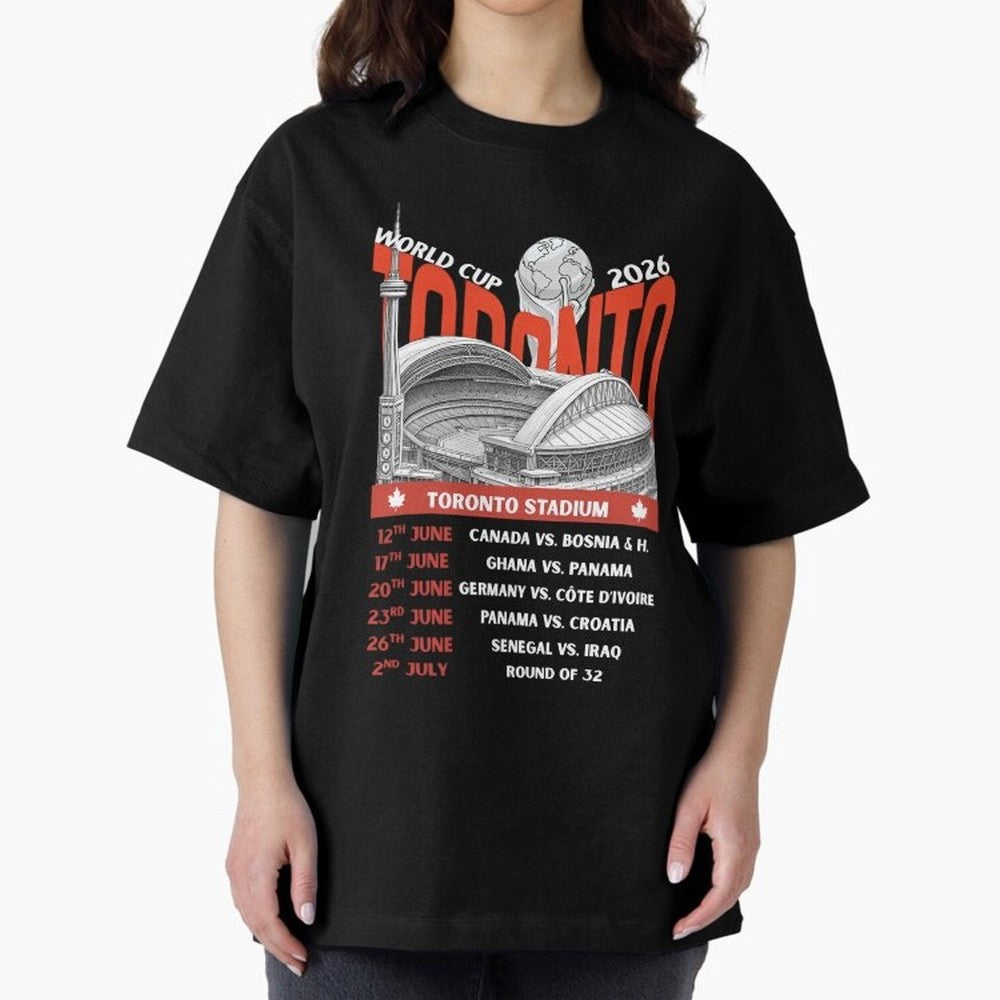 World Cup 2026 Toronto Stadium Match Schedule Soccer Fan Art Oversized T-Shirt Show Your Love for the FIFA World Cup 2026 Group Stage Journey through Mbappe Highlights, Argentina and Brazil Pride, Retro Football Energy, Iconic Rivalries, Trophy