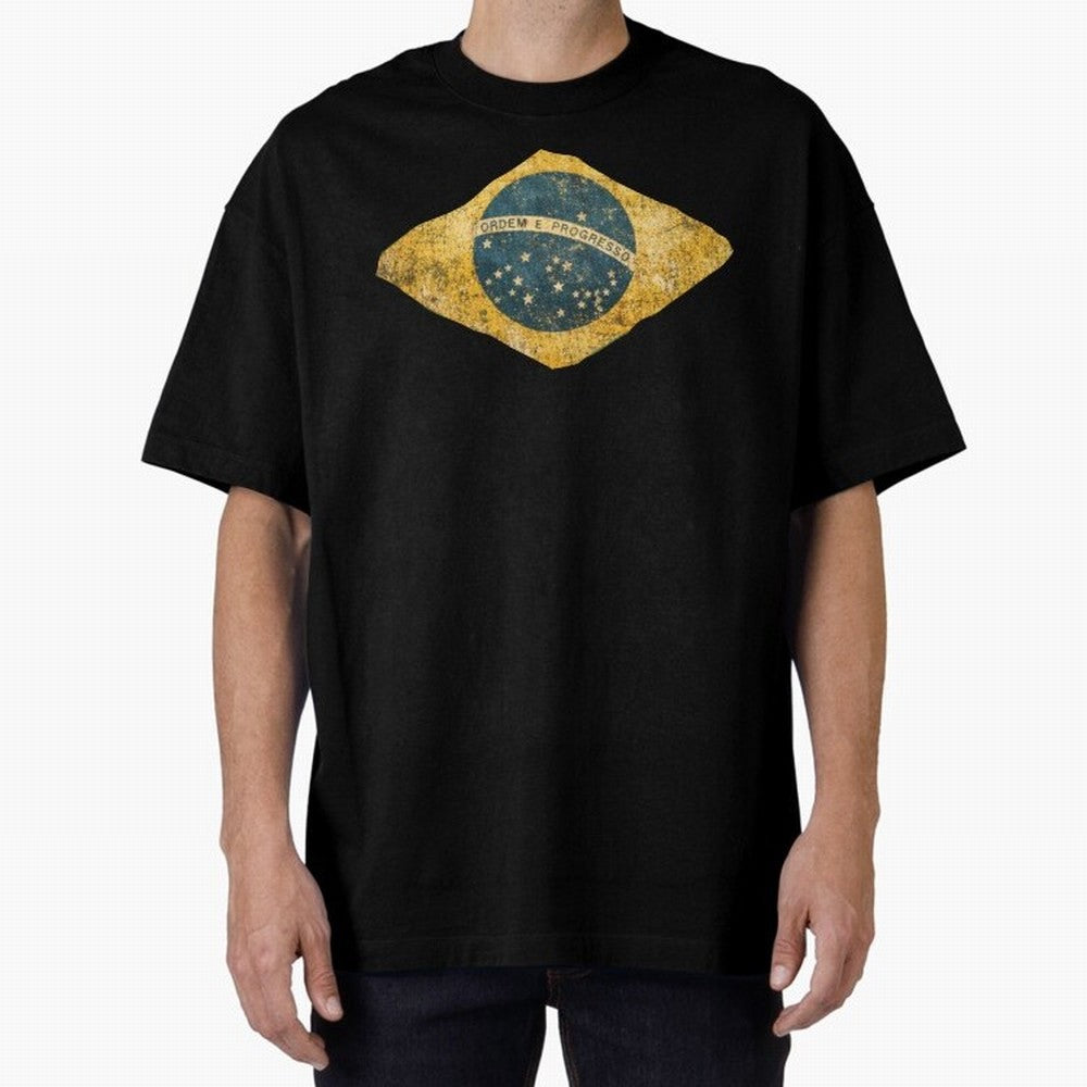Vintage Brazil Flag Soccer Fan Design Oversized T-Shirt Join Global Football Passion for FIFA World Cup 2026 Group Stage, Centered on Messi and Cristiano Ronaldo, England, Football Festival Excitement, Trophy Ambitions, Country Rivalries and Star