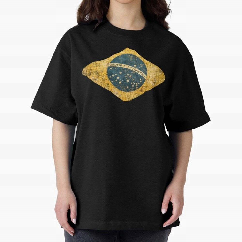 Vintage Brazil Flag Soccer Fan Design Oversized T-Shirt Join Global Football Passion for FIFA World Cup 2026 Group Stage, Centered on Messi and Cristiano Ronaldo, England, Football Festival Excitement, Trophy Ambitions, Country Rivalries and Star