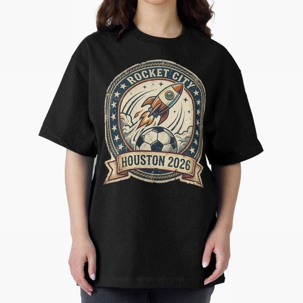 Houston 2026 World Cup Host City Vintage Football Badge ¡ª Rocket City Space Soccer Crest Design Oversized T-Shirt Join the Countdown to Match Day Hype around FIFA World Cup 2026, CR7, Spain, Supporter Pride, Iconic Celebrations, Legendary Names