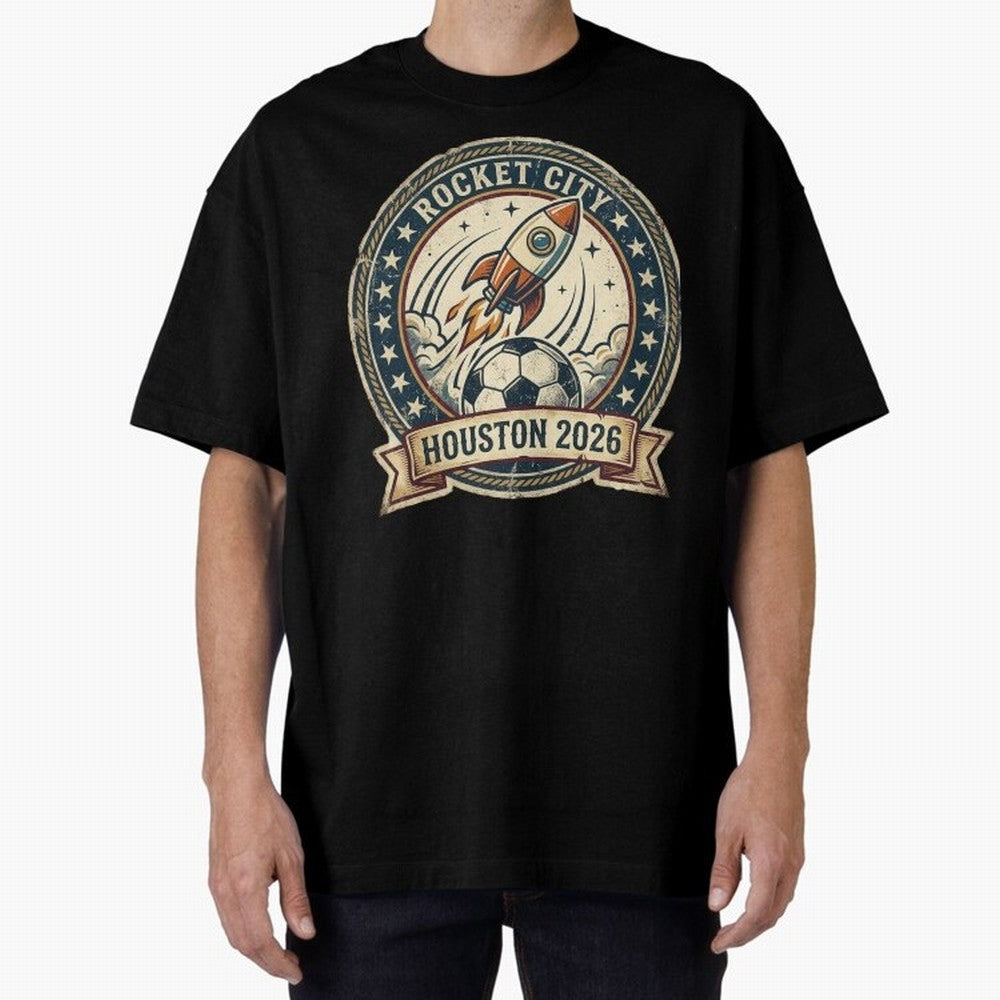 Houston 2026 World Cup Host City Vintage Football Badge ¡ª Rocket City Space Soccer Crest Design Oversized T-Shirt Join the Countdown to Match Day Hype around FIFA World Cup 2026, CR7, Spain, Supporter Pride, Iconic Celebrations, Legendary Names