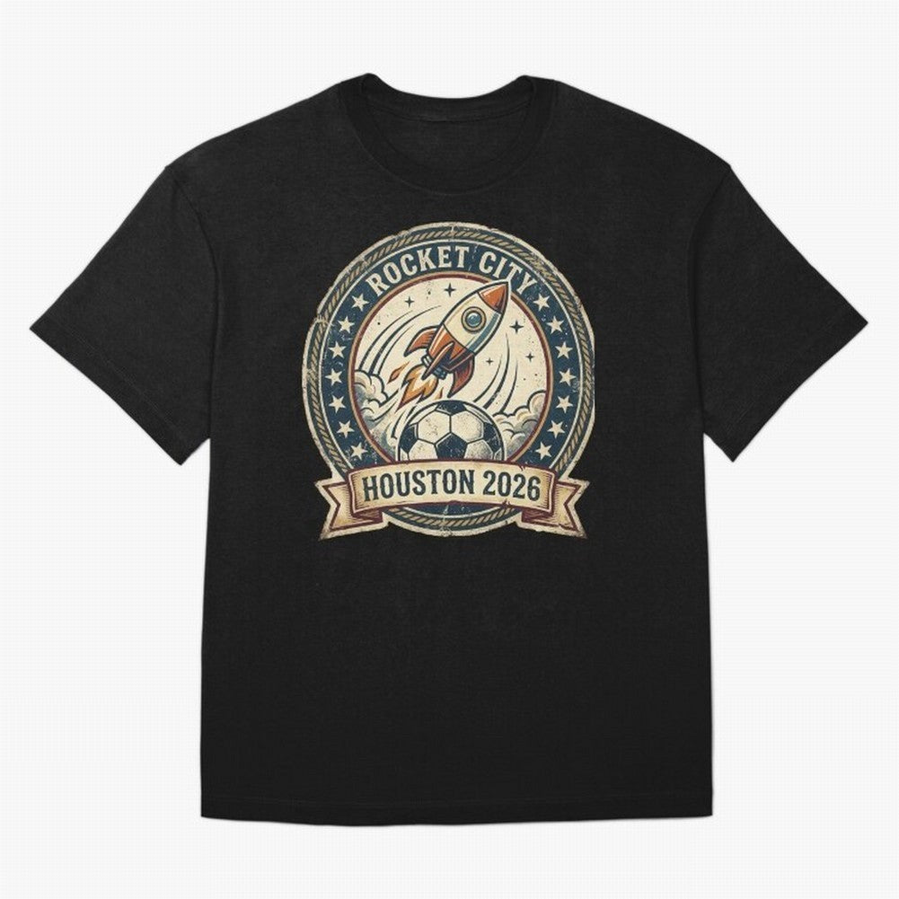 Houston 2026 World Cup Host City Vintage Football Badge ¡ª Rocket City Space Soccer Crest Design Oversized T-Shirt Join the Countdown to Match Day Hype around FIFA World Cup 2026, CR7, Spain, Supporter Pride, Iconic Celebrations, Legendary Names