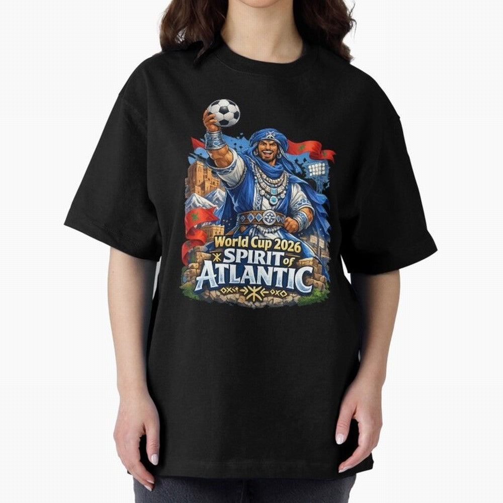 Moroccan World Cup 2026 Spirit of Atlantic Oversized T-Shirt Represent the Passion of the FIFA World Cup 2026 Group Stage Journey through CR7 and Messi Highlights, Brazil Pride, Worldwide Fan Energy, Dramatic Goals, Stadium Lights and Championship