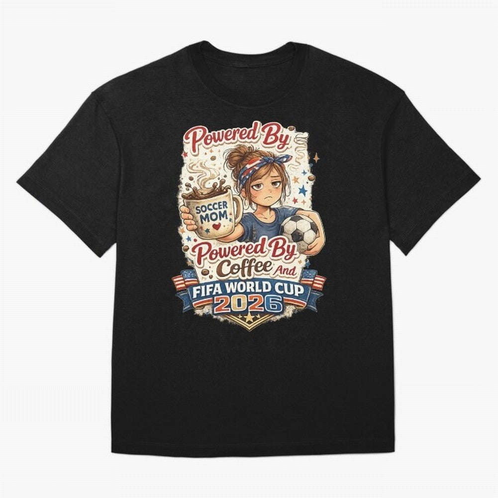 Funny USA Football Design Soccer Mom Powered By Coffee And FIFA World Cup 2026 Oversized T-Shirt Celebrate the Biggest Stage of Global Football Passion for FIFA World Cup 2026 Group Stage, Centered on CR7 and Messi, Portugal, Soccer Culture,