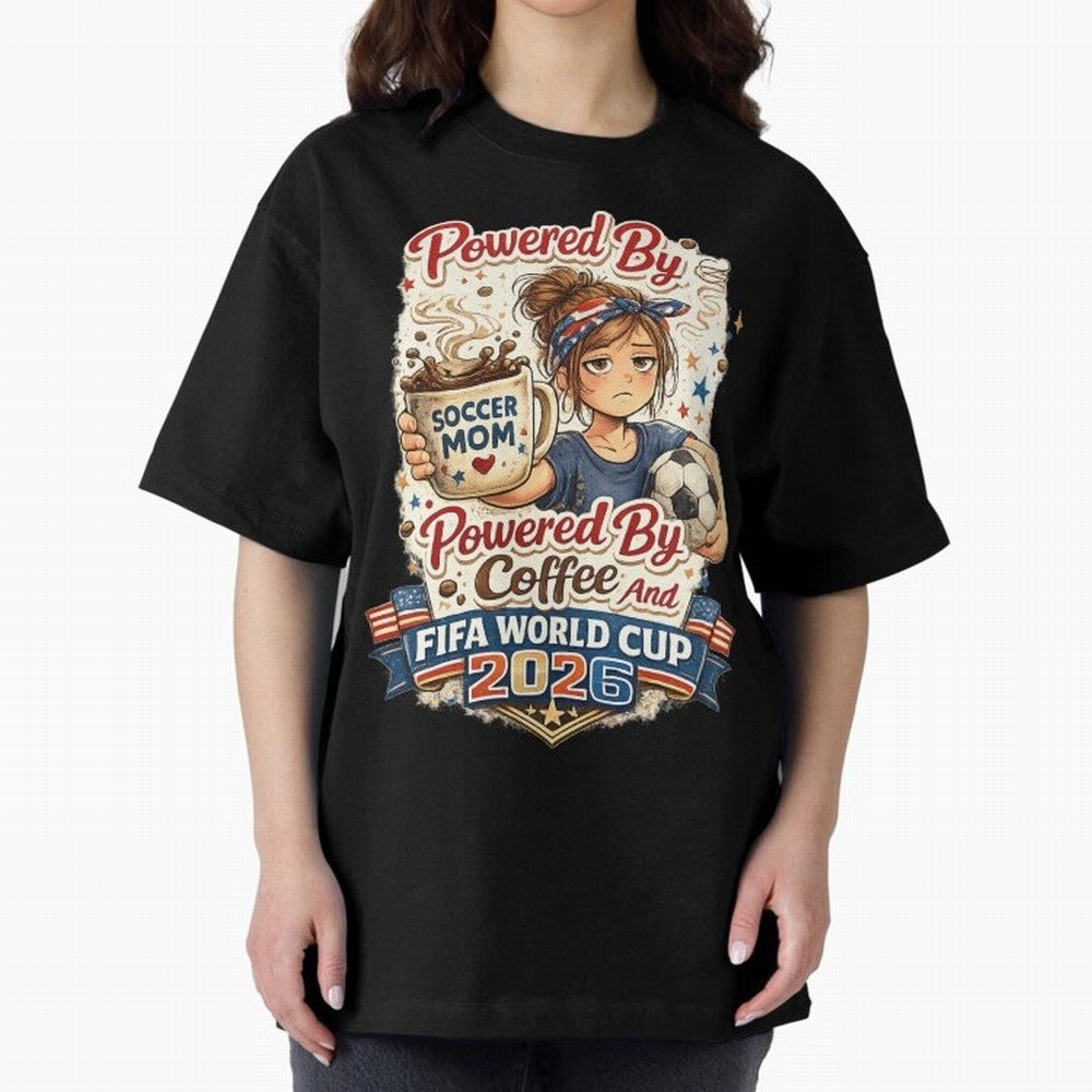 Funny USA Football Design Soccer Mom Powered By Coffee And FIFA World Cup 2026 Oversized T-Shirt Celebrate the Biggest Stage of Global Football Passion for FIFA World Cup 2026 Group Stage, Centered on CR7 and Messi, Portugal, Soccer Culture,