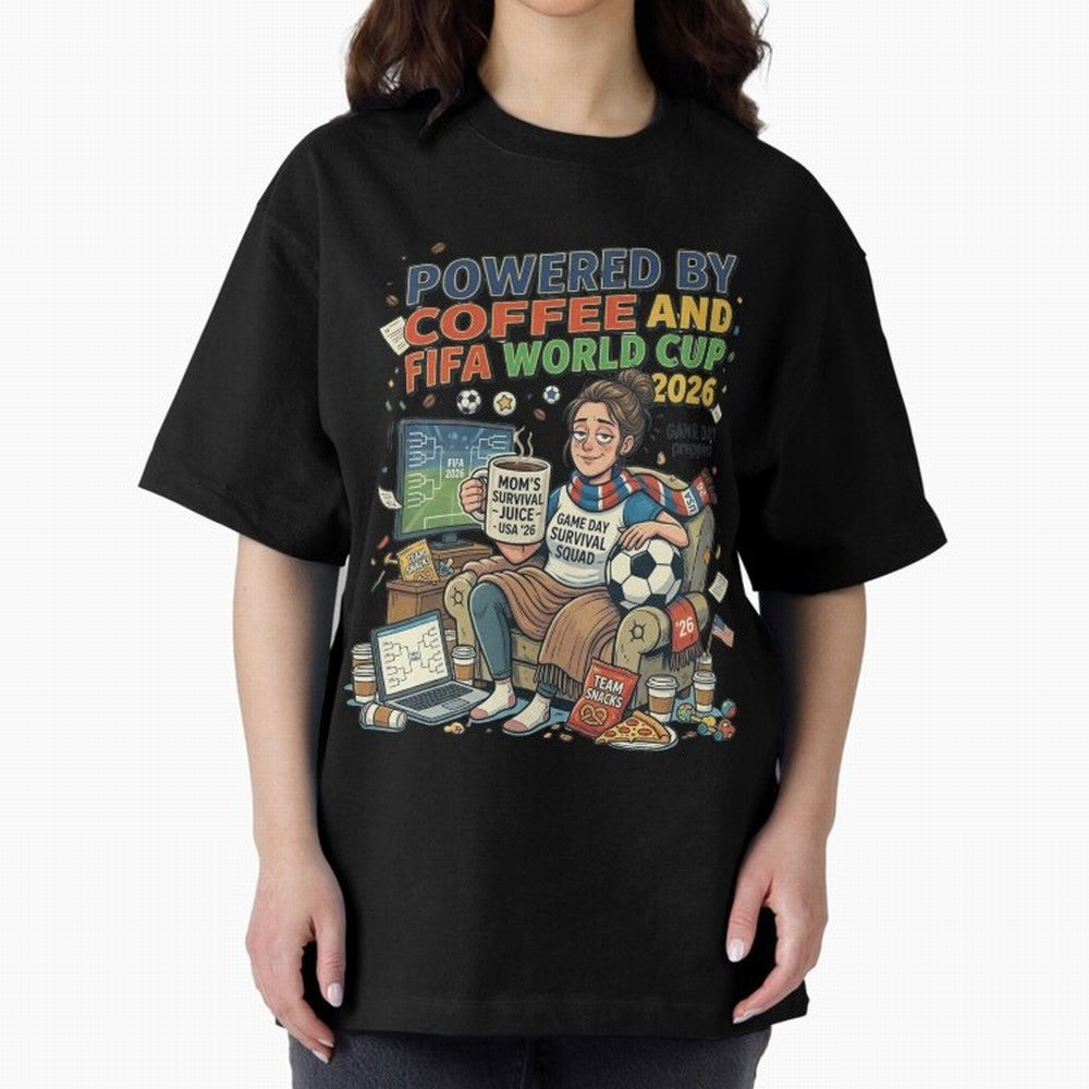 Soccer Mom Powered By Coffee And FIFA World Cup 2026 Funny USA Football Design Oversized T-Shirt Bring Match Day Fire to FIFA World Cup 2026 USA Canada Mexico Spirit, Made for France, CR7, Tournament Hype, Historic Matchups, Family Viewing Parties