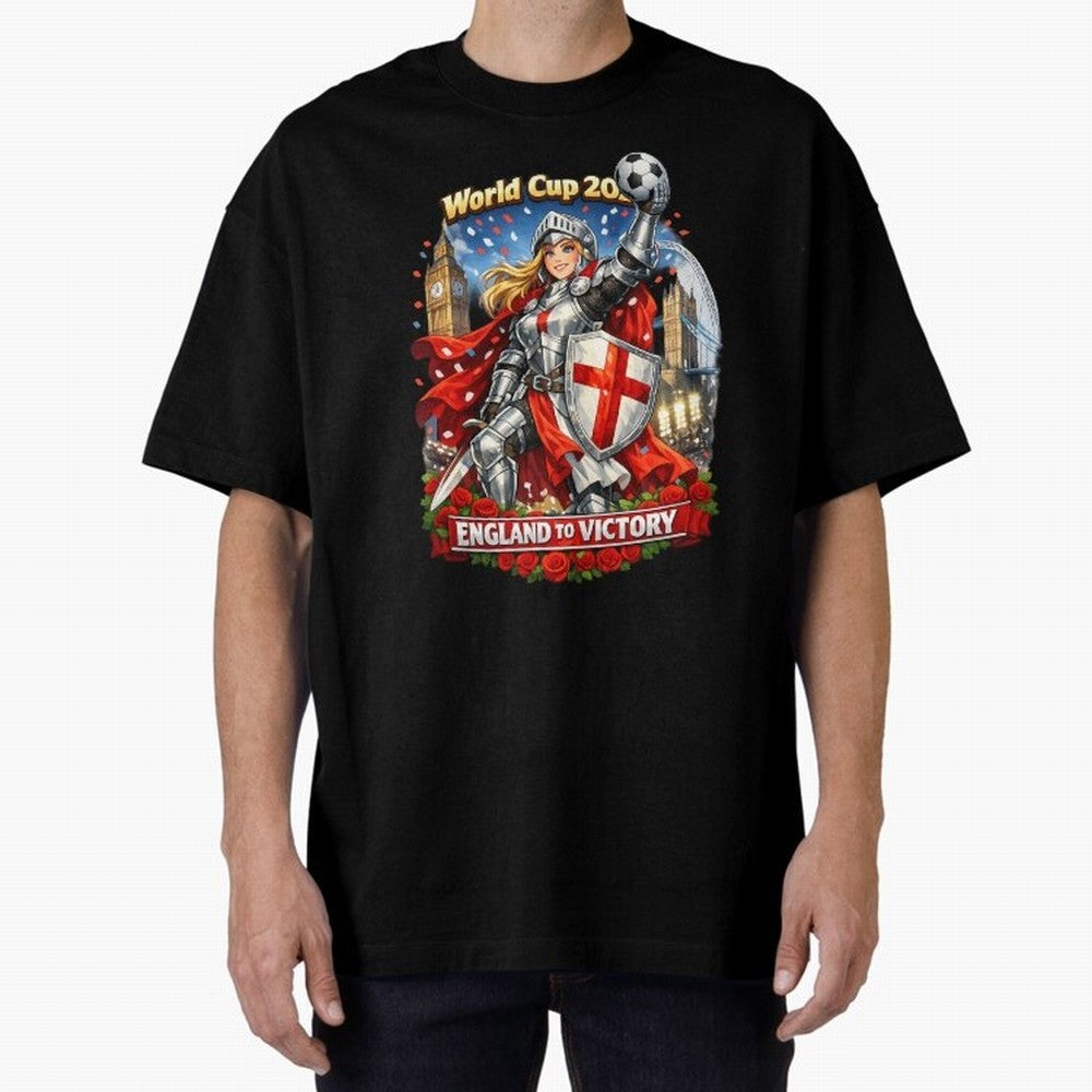 England To Victory Knight World Cup 2026 Oversized T-Shirt Turn Every Weekend Toward FIFA World Cup 2026 for Fans of Messi, CR7 and Mbappe and France and Portugal, Bringing Vintage Soccer Flavor, Modern Football Stars, National Flags and Final