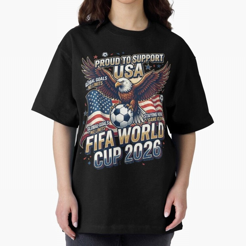 Proud To Support USA FIFA World Cup 2026 American Soccer Fan Patriotic Design Oversized T-Shirt Show Championship Spirit for FIFA World Cup 2026 Featuring Messi and Cristiano Ronaldo, Netherlands Energy, Champion Mindset, Group Stage Buzz, Knockout