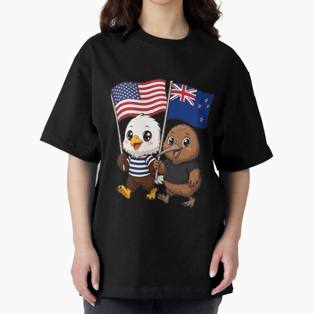 the American eagle and its friend the New Zealand kiwi Oversized T-Shirt Represent FIFA World Cup 2026 for Fans of Cristiano Ronaldo and Germany, Bringing Soccer Culture, Superstar Moments, National Team Dreams and Competitive Fire; Great for Watch