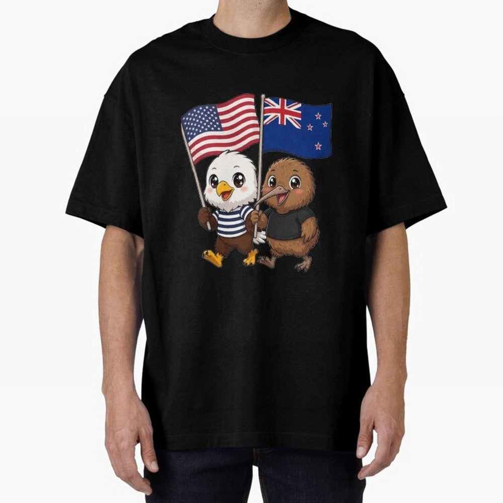 the American eagle and its friend the New Zealand kiwi Oversized T-Shirt Represent FIFA World Cup 2026 for Fans of Cristiano Ronaldo and Germany, Bringing Soccer Culture, Superstar Moments, National Team Dreams and Competitive Fire; Great for Watch