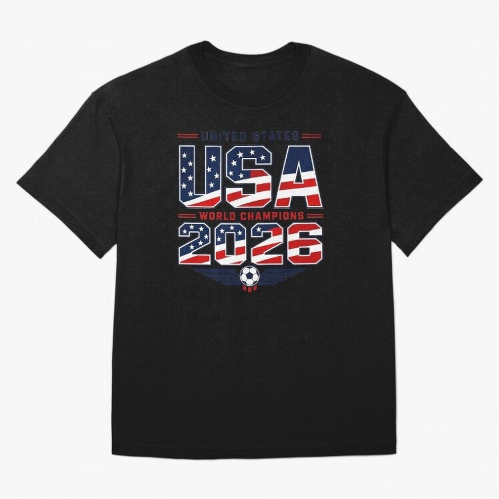 USA World Champions 2026 ¨C Patriotic Soccer Fan Shirt Oversized T-Shirt Spotlight Global Football Passion for FIFA World Cup 2026 USA Canada Mexico, with Messi and Cristiano Ronaldo, England, France and Netherlands, Soccer Culture, Superstar