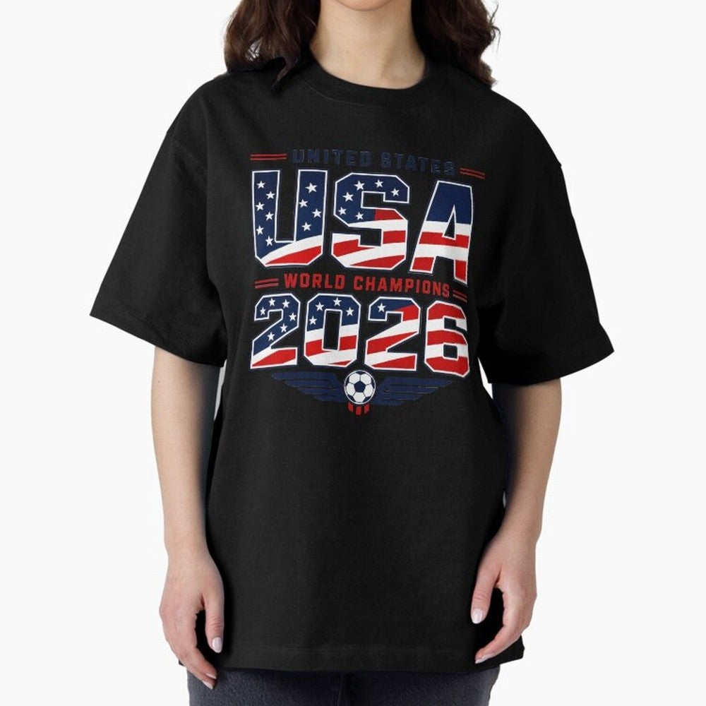 USA World Champions 2026 ¨C Patriotic Soccer Fan Shirt Oversized T-Shirt Spotlight Global Football Passion for FIFA World Cup 2026 USA Canada Mexico, with Messi and Cristiano Ronaldo, England, France and Netherlands, Soccer Culture, Superstar