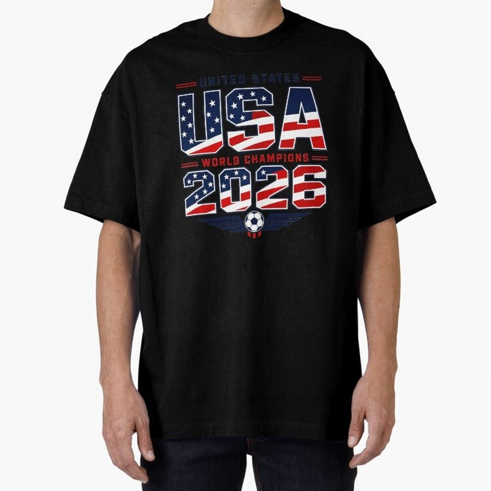 USA World Champions 2026 ¨C Patriotic Soccer Fan Shirt Oversized T-Shirt Spotlight Global Football Passion for FIFA World Cup 2026 USA Canada Mexico, with Messi and Cristiano Ronaldo, England, France and Netherlands, Soccer Culture, Superstar