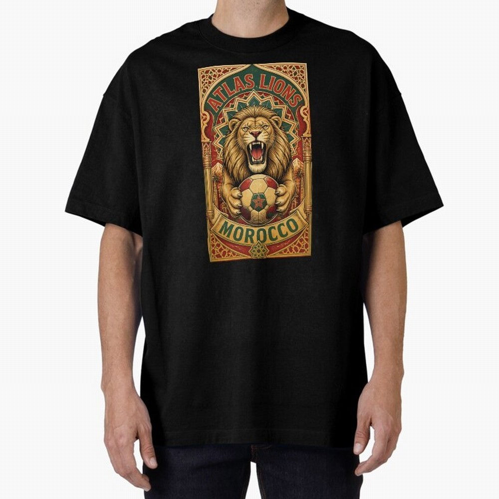Morocco Soccer Lion - Atlas Lions Vintage African Football Fan T-Shirt Oversized T-Shirt Honor the Football Icons of Global Football Passion for FIFA World Cup 2026 USA Canada Mexico, Capturing Mbappe, Brazil, Portugal and Argentina, Sports