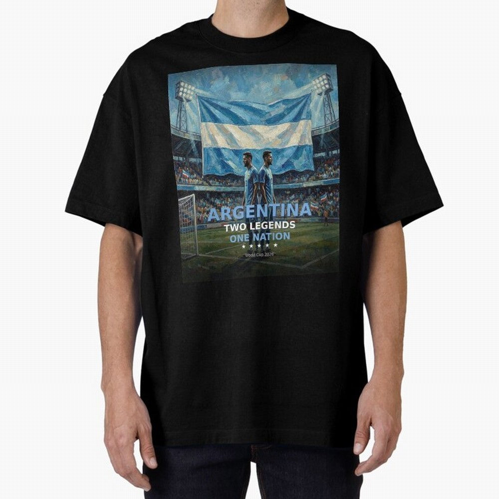 Argentina Two Legends One Nation - World Cup 2026 Soccer Fan Tee Oversized T-Shirt Join the Global Buzz around FIFA World Cup 2026 Group Stage Spirit, Filled with France, Messi and Cristiano Ronaldo, Sports Nostalgia, International Competition,