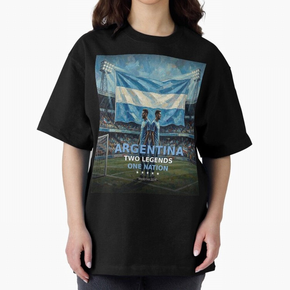 Argentina Two Legends One Nation - World Cup 2026 Soccer Fan Tee Oversized T-Shirt Join the Global Buzz around FIFA World Cup 2026 Group Stage Spirit, Filled with France, Messi and Cristiano Ronaldo, Sports Nostalgia, International Competition,