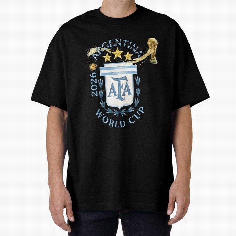 Argentina Football Champion World Cup 2026 - Gold Stars Watercolor Oversized T-Shirt Honor Football Greatness during FIFA World Cup 2026 for Fans of Mbappe and Brazil, Bringing Football History, Final Match Energy, Crowd Noise and Once in a