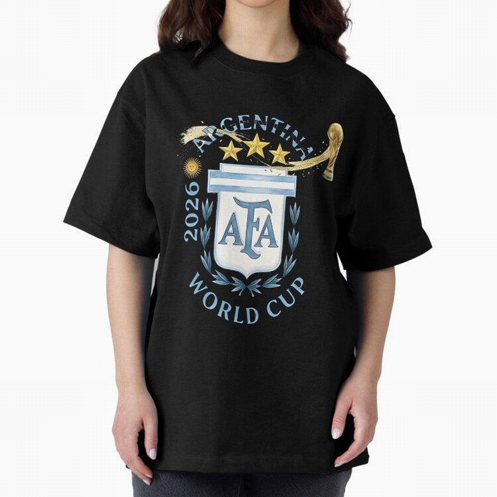 Argentina Football Champion World Cup 2026 - Gold Stars Watercolor Oversized T-Shirt Honor Football Greatness during FIFA World Cup 2026 for Fans of Mbappe and Brazil, Bringing Football History, Final Match Energy, Crowd Noise and Once in a