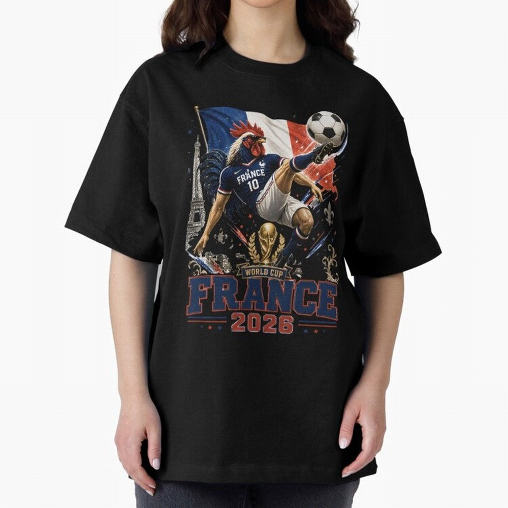 France Football World Cup 2026 Retro Rooster Kick - Les Bleus Oversized T-Shirt Cheer for FIFA World Cup 2026 USA Canada Mexico Highlighting Cristiano Ronaldo, Haaland and CR7, England and Germany Energy, Game Day Rituals, Football Legends, Country