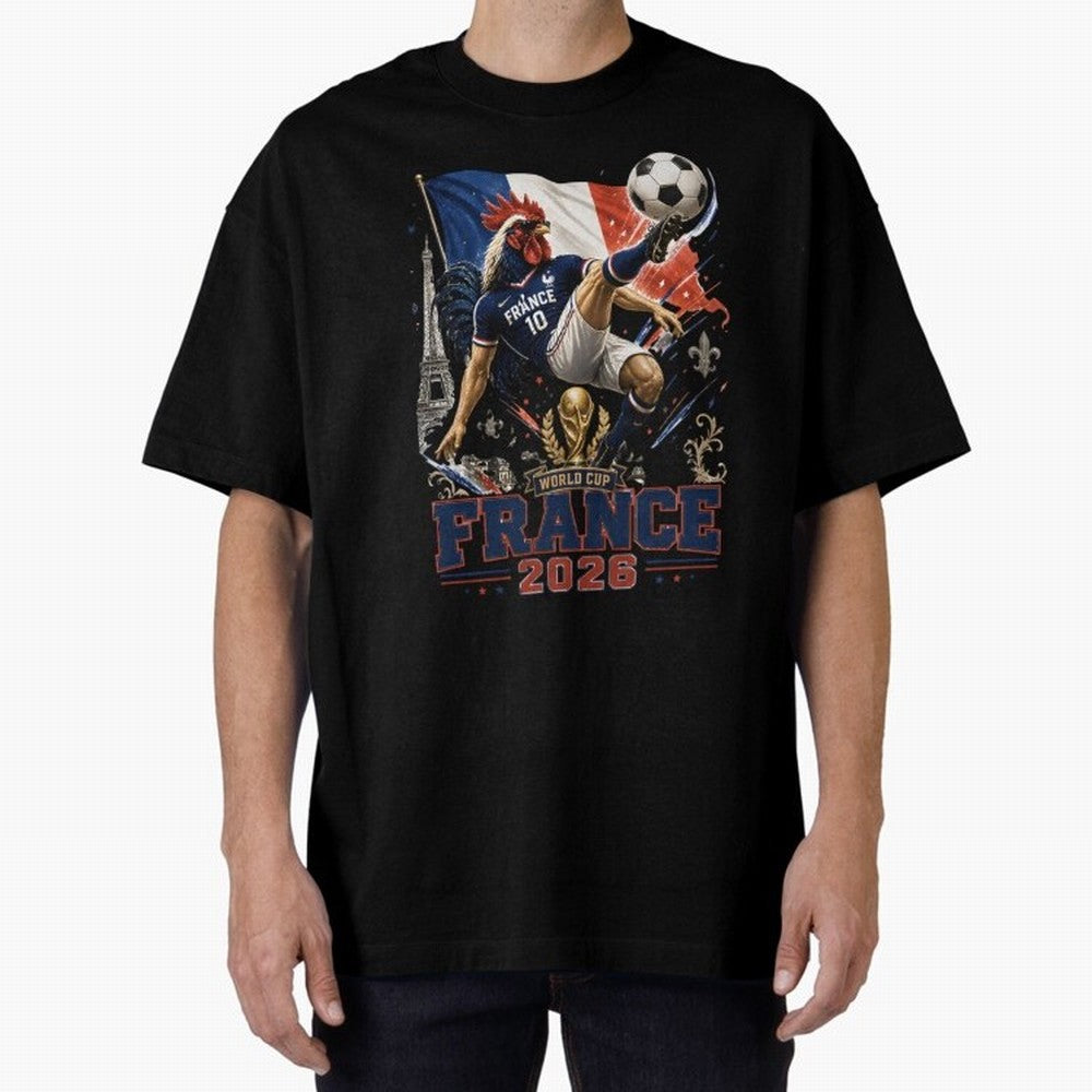 France Football World Cup 2026 Retro Rooster Kick - Les Bleus Oversized T-Shirt Cheer for FIFA World Cup 2026 USA Canada Mexico Highlighting Cristiano Ronaldo, Haaland and CR7, England and Germany Energy, Game Day Rituals, Football Legends, Country