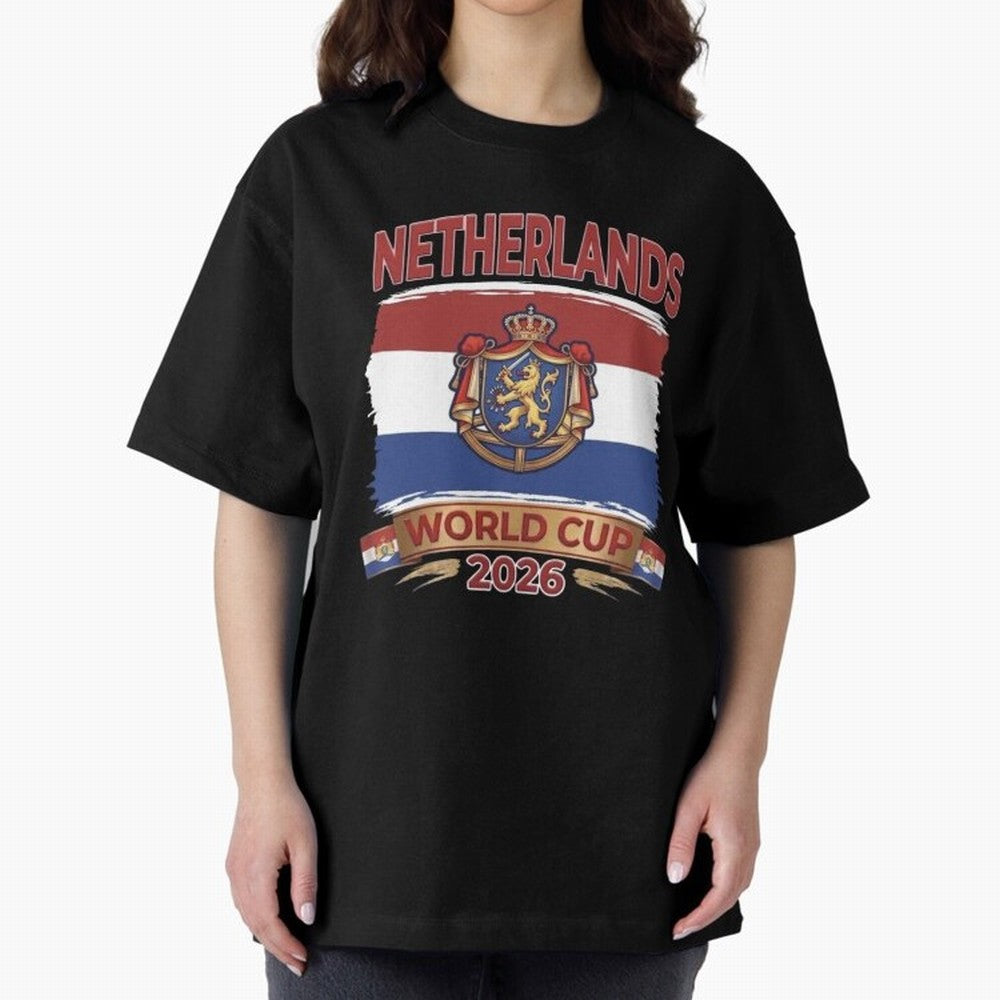 Netherlands World Cup 2026 Coat of Arms Football Design Oversized T-Shirt Celebrate the Stars of the FIFA World Cup 2026 Group Stage Journey through Mbappe and Neymar Highlights, Argentina and Brazil Pride, Tournament Hype, Historic Matchups,